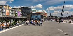 Hamburg Elbe promenade with a view of the harbor and buildings