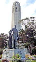 Coit Tower on Telegraph Hill with Christopher Columbus statue in front, San Francisco