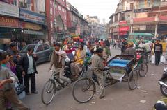 Street scene at intersection of Khari Baoli Road and Chandni Chowk Road in Delhi