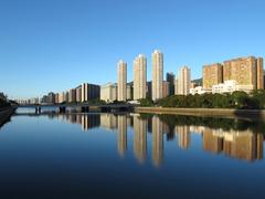 Shing Mun River at dusk with high-rise buildings in the background and vibrant sky