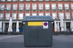 Yellow containers in Plaza Mayor for collecting packaging waste