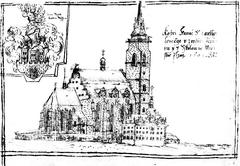 Plzeňský kostel sv. Bartoloměje a Latinská škola, 1602, perokresba Jana Willenberga