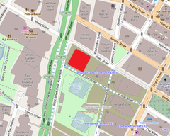 Map showing the area of 1 World Trade Center with the building highlighted in red