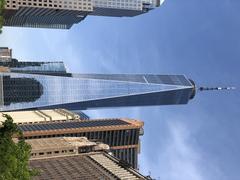 View toward One World Trade Center from the West Thames Street Pedestrian Bridge in Manhattan, NYC