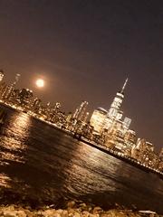 Freedom Tower against a moonlit skyline