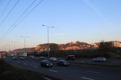 view from a train in Praha-Hlubočepy towards Strakonická street and Braník