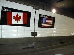 Flags of Canada and the United States over a metal boundary marker in the Detroit-Windsor Tunnel