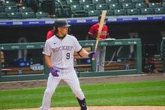 Connor Joe at bat against the Arizona Diamondbacks