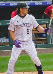 Connor Joe at bat against the Arizona Diamondbacks on May 23, 2021.