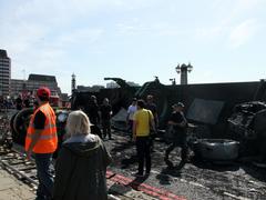 film set on Lambeth Bridge with production crew and equipment