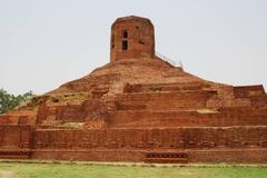 Sarnath archaeological site with ruins and Dhamek Stupa