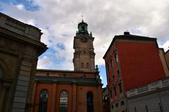 Panoramic view of Gamla Stan, the old town of Stockholm, with colorful historic buildings and waterfront