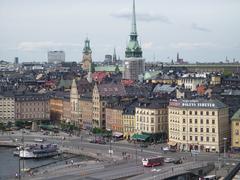 Gamla Stan from Katarinahissen at dawn with calm waters and historic buildings