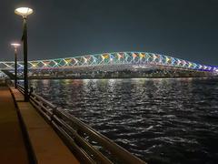 Sabarmati Riverfront and Atal Pedestrian Bridge at night with colorful lighting