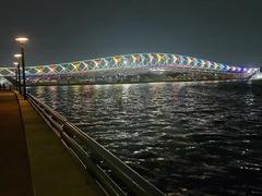 Sabarmati riverfront and Atal Pedestrian Bridge at night with colorful lighting