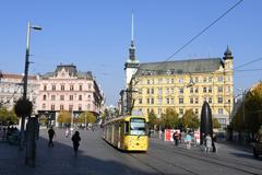 Freedom Square in Brno with tram number 1 in 2021