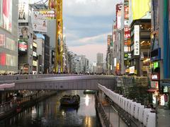 panoramic view of Dotonbori at night with illuminated billboards, lively streets, and the Dotonbori canal