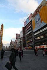 Dotonbori canal with illuminated billboards and reflections at night in Osaka