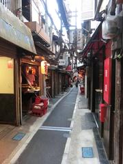 Scenic view of Omoide Yokocho at night with illuminated signboards and narrow alley