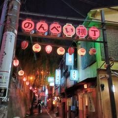 Nonbei Yokocho alley at night with neon signs and lanterns