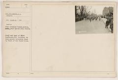 26th Division parade in Boston upon return from France, featuring staff and band of 181st Engineers passing in front of the State House.