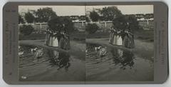 A group of people in 1904 wearing traditional Amager national costumes in front of a village pond.