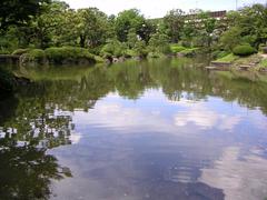 Kyu-Yasuda teien garden in Tokyo, featuring a pond and traditional Japanese landscape design