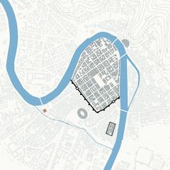 Planimetry of Verona city with walls and main urban gates, featuring the red-marked Gavi arch