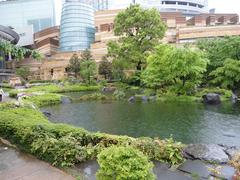 Mori Garden pond with modern buildings in the background