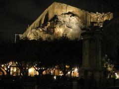 Athens Acropolis at night from nearby neighborhood street