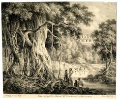 scene in Bhagalpur with Banyan tree, women carrying vessels, figures on riverbank, and building on hilltop