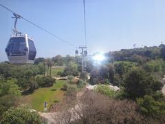 Panoramic view of Barcelona city from a high vantage point with buildings, trees, and distant mountains.