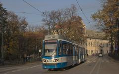 Tram number 6 in Kraków, Poland, near the Franciszkańska and Floriana Straszewskiego intersection