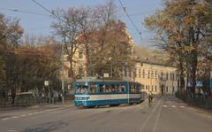 Street view of Kraków's Old Town with tram number 78 on Franciszkańska and Floriana Straszewskiego