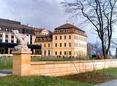 Hotel Bellevue with Barockhaus in Dresden Neustadt, view from Elbe, April 1986