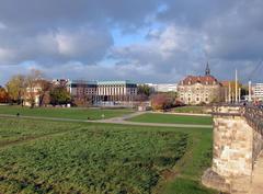 View from Augustusbrücke to Blockhaus and The Westin Bellevue Hotel in Dresden-Neustadt