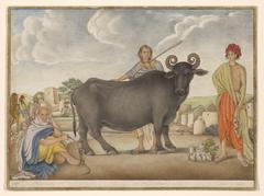 Painting of a herdsman and a buffalo, plus villagers, outside the village of Rania, circa 1816