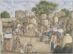 Painting of a street scene in the village of Rania, Haryana, circa 1816