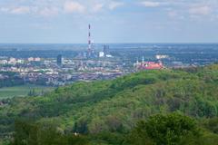 View from Piłsudski Mound in Kraków featuring Wolski Forest, Wawel Castle, Łęg Cogeneration plant, and Old Town