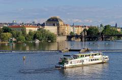 View of Vltava river and National Theatre from Charles Bridge in Prague