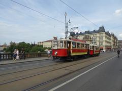 Trams 240 and 628 on heritage tram line 91 on Most Legií bridge in Prague