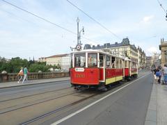 Trams 2272 and 1200 on heritage tram line 91 on Most Legií bridge in Prague