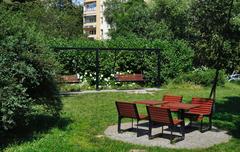 picnic tables in Park Zaczarowanej Dorożki in Kraków