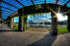 Pergola at a Mediterranean garden with clear skies