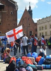 Participants of World Youth Day at the main market square in Krakow