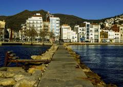 View of L'Espigó sculpture against a coastal backdrop