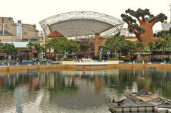 Universal Studios Singapore entrance with globe and fountain