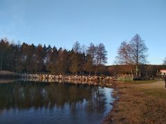 Velký Bolevecký rybník dam in Plzeň-Bolevec separating the V Chobotu area from the Malý Bolevecký rybník