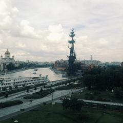 Statue of Peter the Great in Moscow with ships on a cloudy day