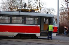 Derailed Tatra T3 tram in Brno